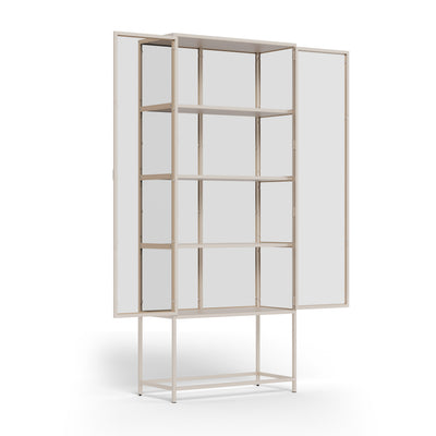 Vitrine Skeleto 77 x 186, mélaminé gris, à portes ouvertes – quatre étagères à l'intérieur, vitrine à portes vitrées