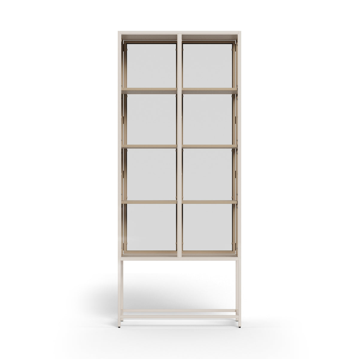 Vitrine Skeleto 77 x 186, mélaminé gris, vue de face : deux portes vitrées et un cadre en acier de style industriel