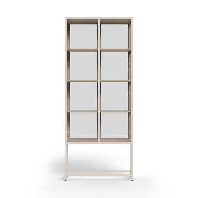 Vitrine Skeleto 77 x 186, mélaminé gris, vue de face : deux portes vitrées et un cadre en acier de style industriel