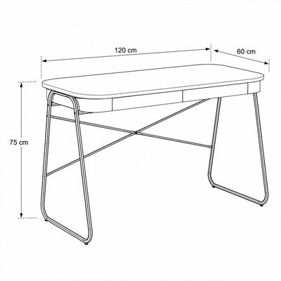 Bureau Astel 120x60 avec deux tiroirs, de style moderne - dessin avec dimensions