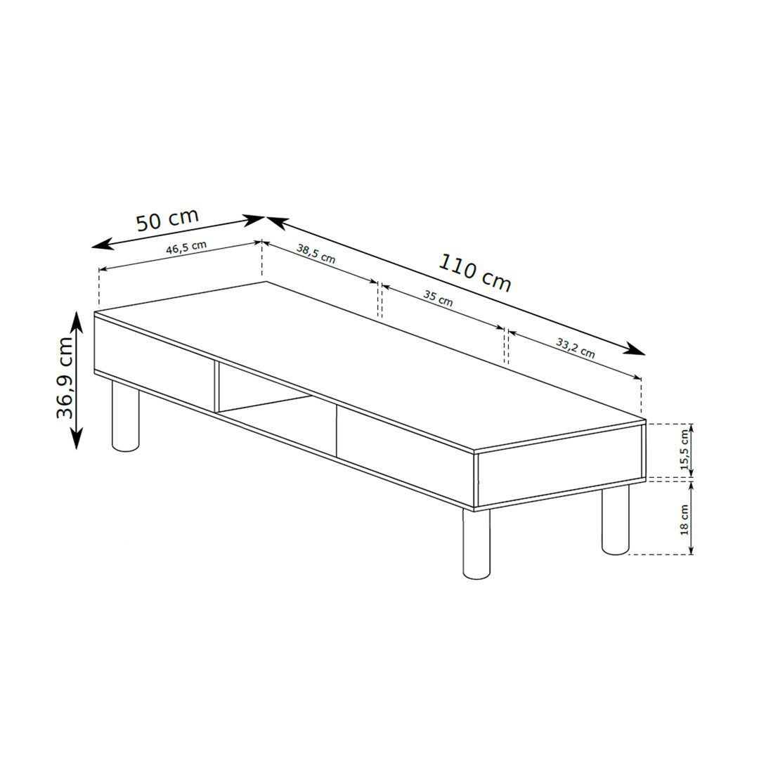 Table basse Fjord 110x37 avec niches ouvertes de style scandinave - dessin coté