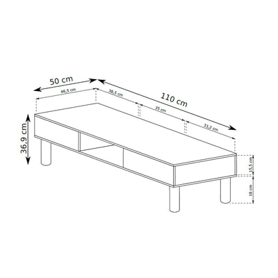 Table basse Fjord 110x37 avec niches ouvertes de style scandinave - dessin coté