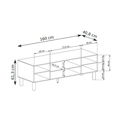 Meuble TV Fjord 160x62 avec de spacieux rangements de style scandinave - dessin avec dimensions