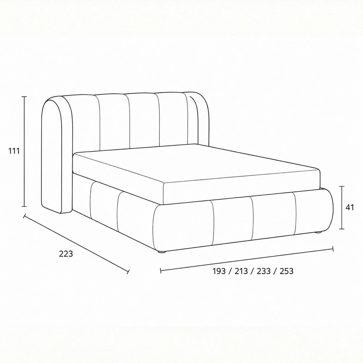 Łóżko tapicerowane Ventara pikowane z pojemnikiem w stylu soft modern – rysunek z wymiarami