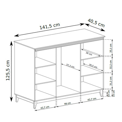 Serena Display Cabinet 142x126 with Glass Fronts and Drawers, Modern Classic Style – dimensions drawing