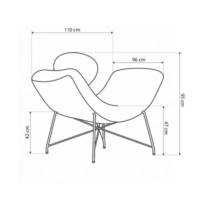 Fotel Lampardo typu motylek w stylu glamour – rysunek z wymiarami