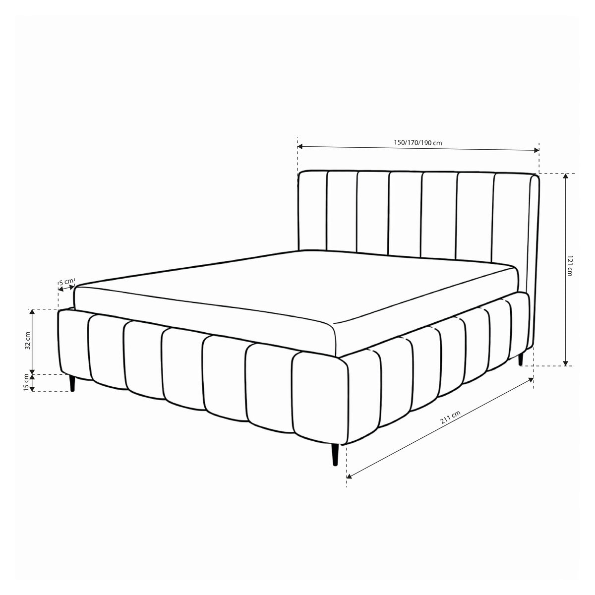 Nerom Quilted Upholstered Ottoman Bed with Storage, Various Sizes in Elegant Style, Coral Fabric – dimensions drawing