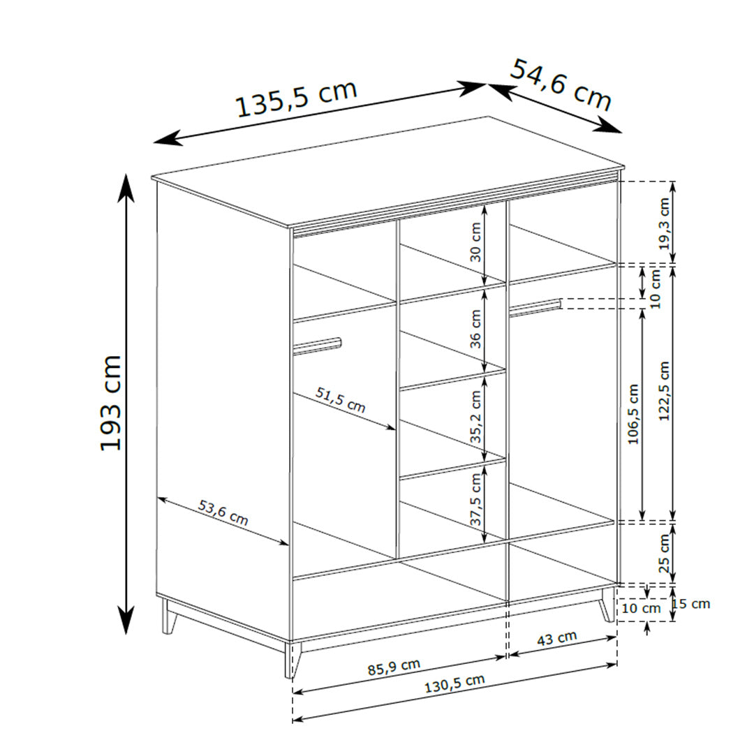 Armoire Serena avec miroir, 136x193, à 3 portes, de style moderne classique - dessin avec dimensions