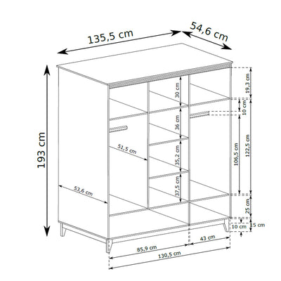 Armoire Serena avec miroir, 136x193, à 3 portes, de style moderne classique - dessin avec dimensions