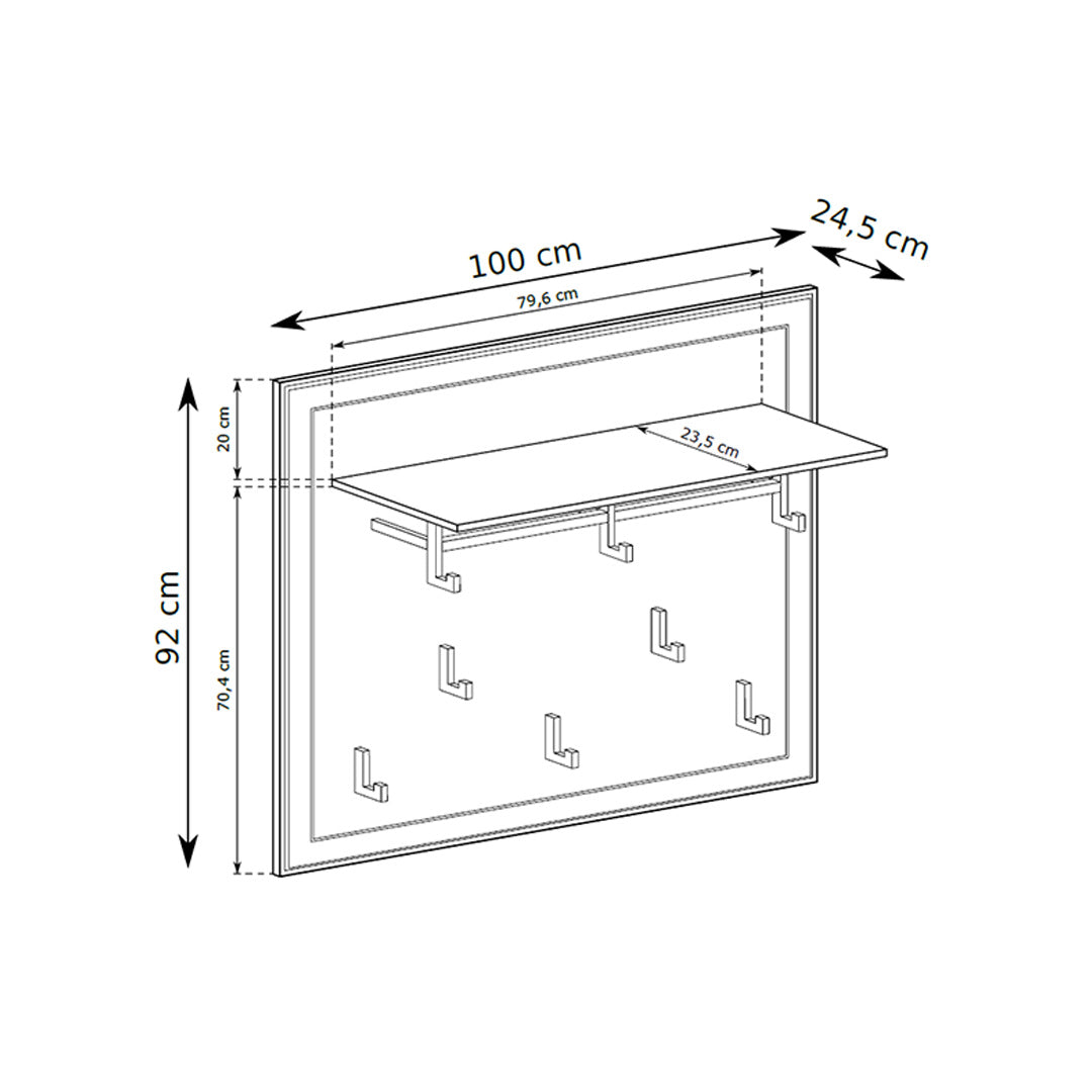Panneau mural Serena 100x92 avec patères et étagère de style classique - dessin avec dimensions
