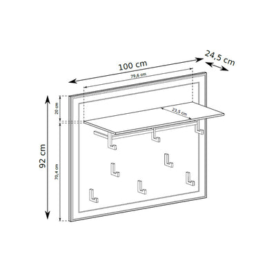 Panneau mural Serena 100x92 avec patères et étagère de style classique - dessin avec dimensions