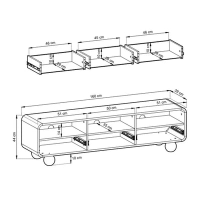 Szafka RTV Ballo 160x44 w stylu japandi – rysunek z wymiarami