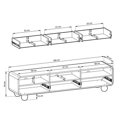 Szafka RTV Ballo 180x44 w stylu japandi – rysunek z wymiarami