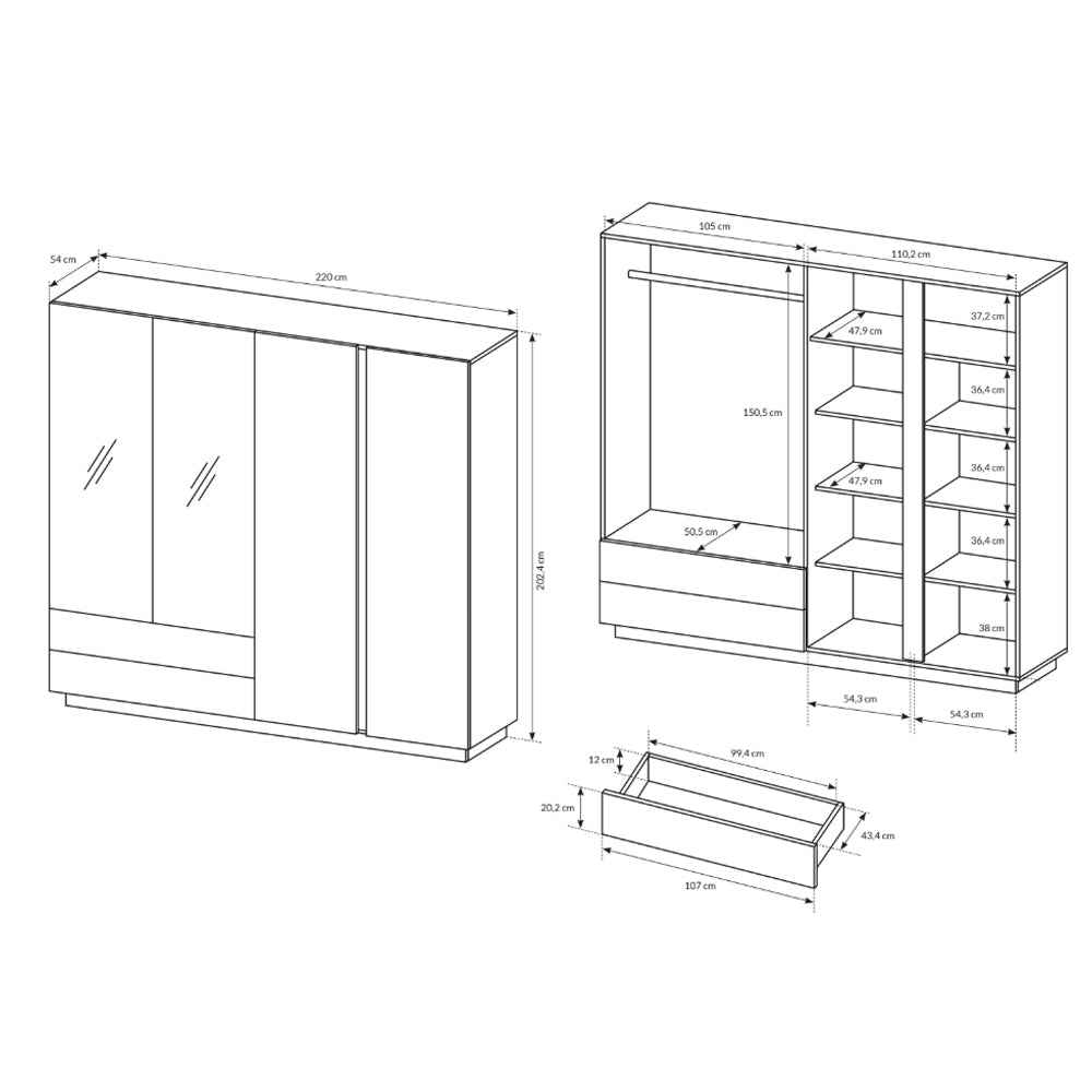 Armelia 4-door Wardrobe 220x202 cm, Modern Style – dimensions drawing